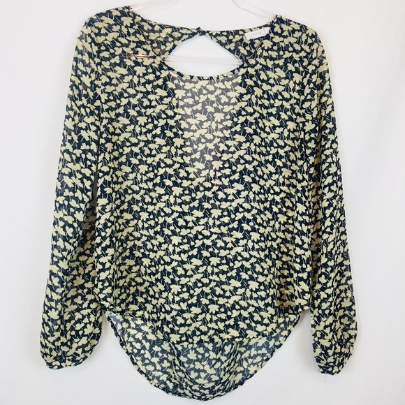 Lush | Leaf Print Top Semi Open Back Blue Beige - Picture 1 of 4